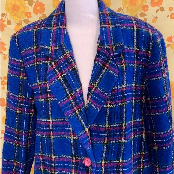 Vintage 90s Blue Purple Plaid Funky Blazer - Picture 3 of 8